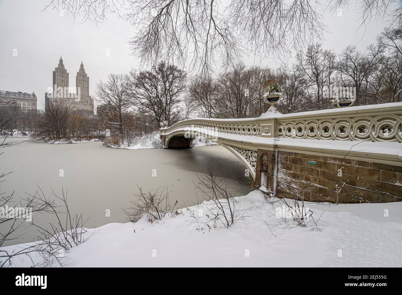 Bow bridge, Central Park, New York City after snow storm in early