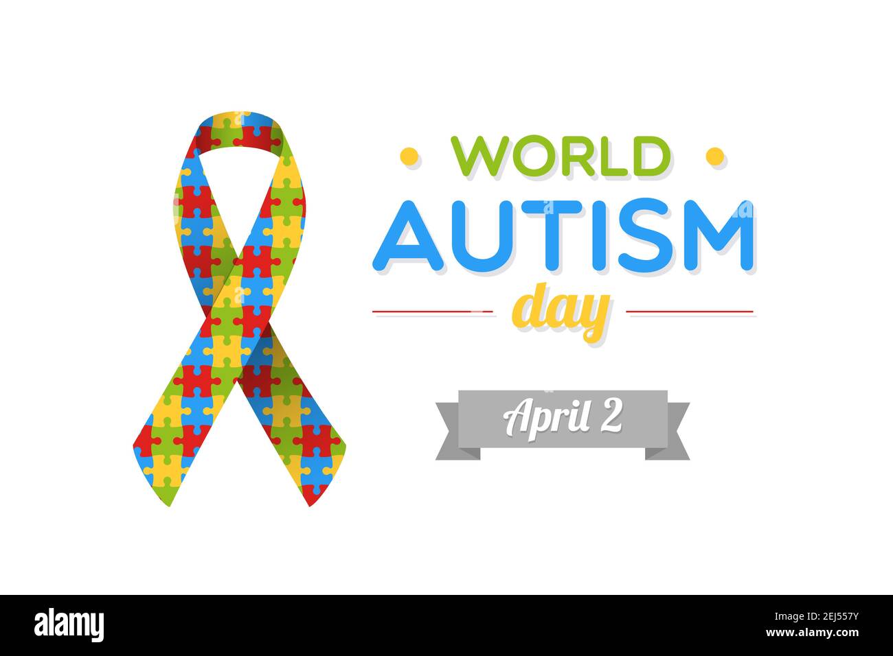World Autism Day. April 2. Autism awareness ribbon with colorful puzzle pieces. Vector illustration, flat design Stock Vector