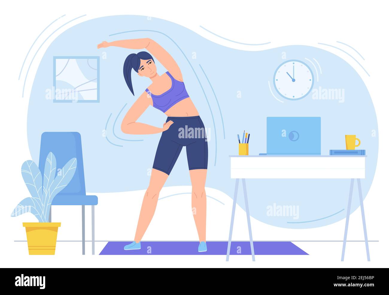 Girl practicing fitness on mat at home. Online sport, healthy lifestyle, remote work break concept. Stock vector illustration isolated on white Stock Vector