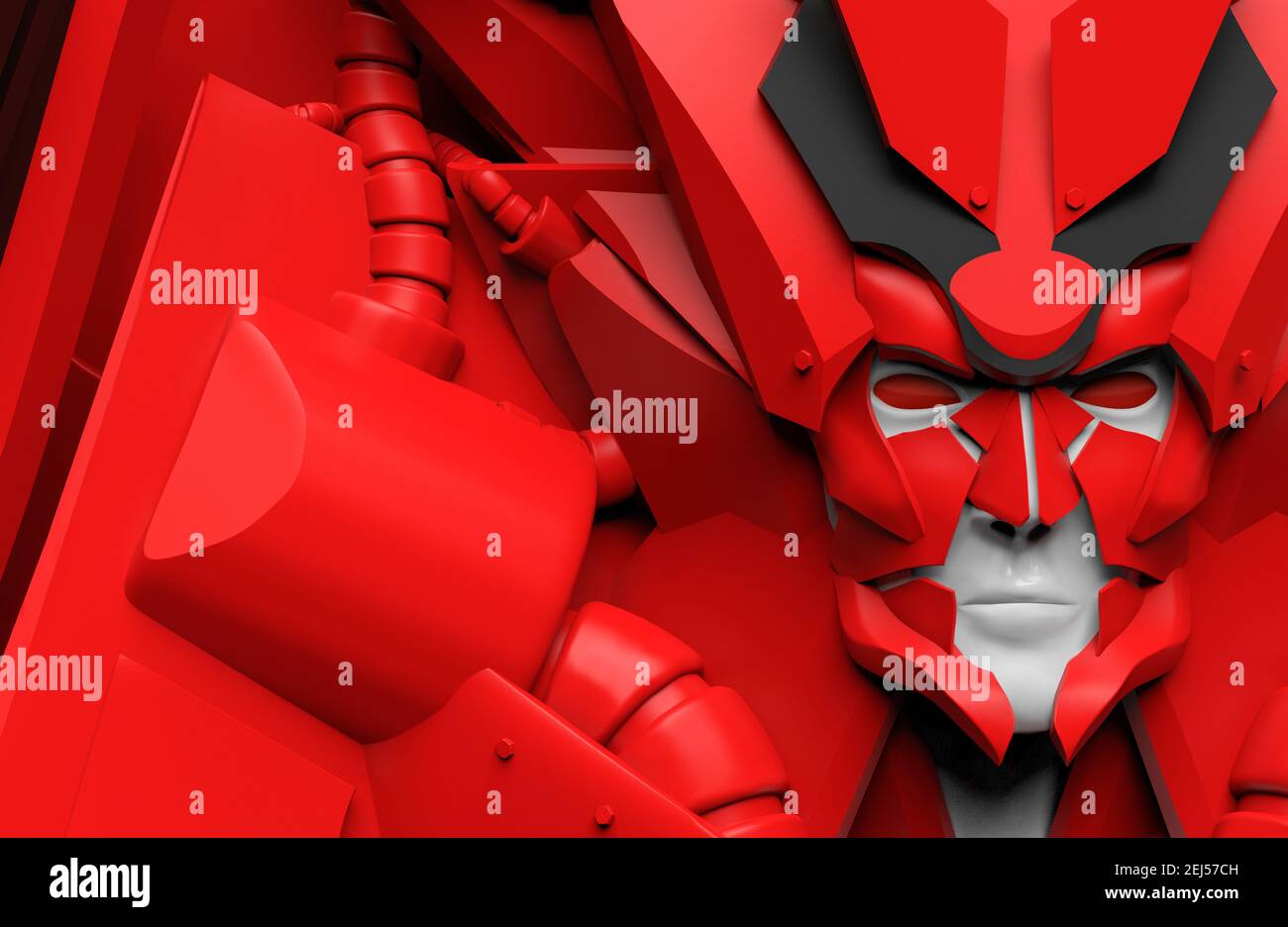 3d render illustration of futuristic alien red colored humanoid robot portrait in suit. Stock Photo