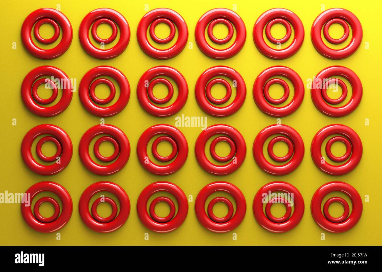 3d rendered illustration of abstract red circles on yellow backdrop ...