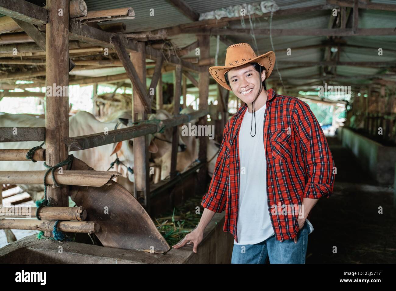 https://c8.alamy.com/comp/2EJ57T7/a-farmer-wearing-a-cowboy-hat-is-standing-with-one-hand-in-a-pocket-pose-in-the-background-of-a-cow-farm-stable-2EJ57T7.jpg