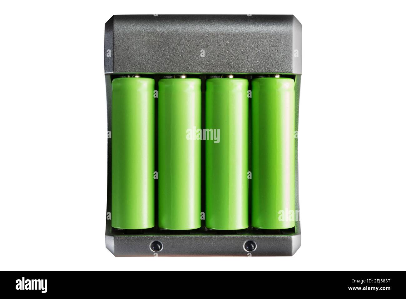 Isolated photo of green colored lithium accumulator batteries in charger on white background