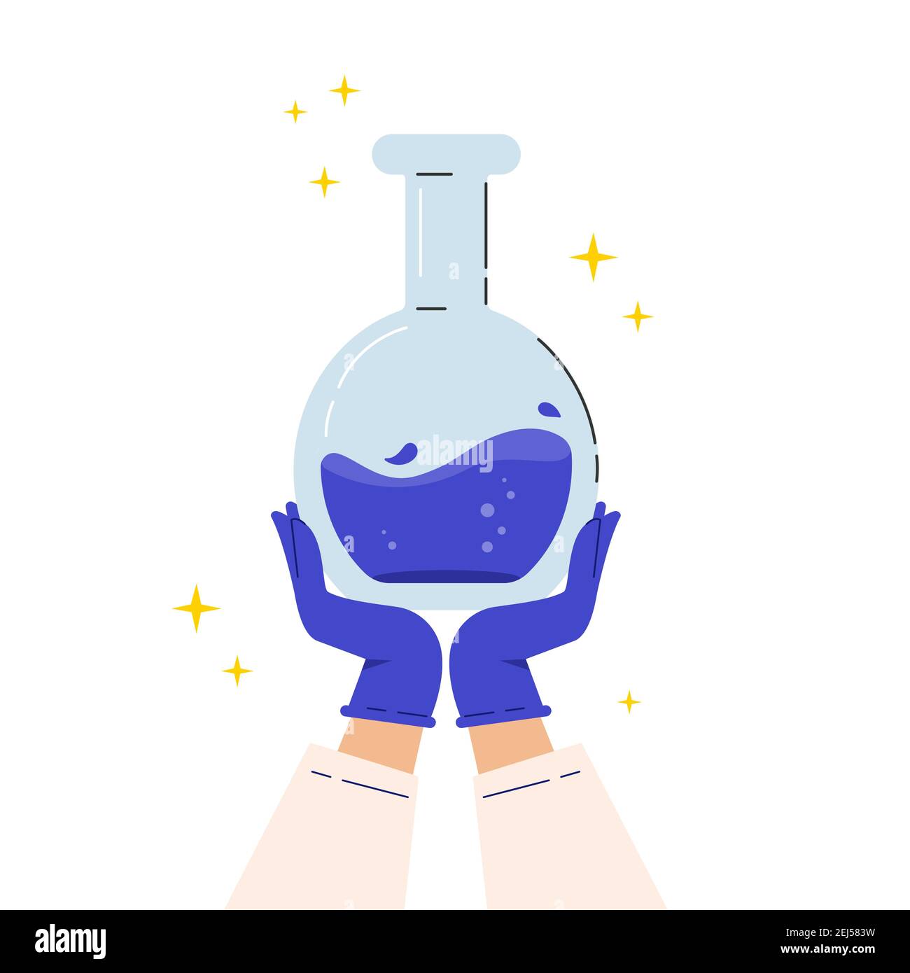 Lab experiment flask. Vaccine discovery concept. Stock Vector