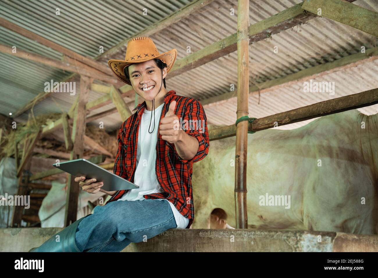 male farmer wearing a cowboy hat sitting with one thumbs up while using a pad against the fence of the cow farm stable Stock Photo