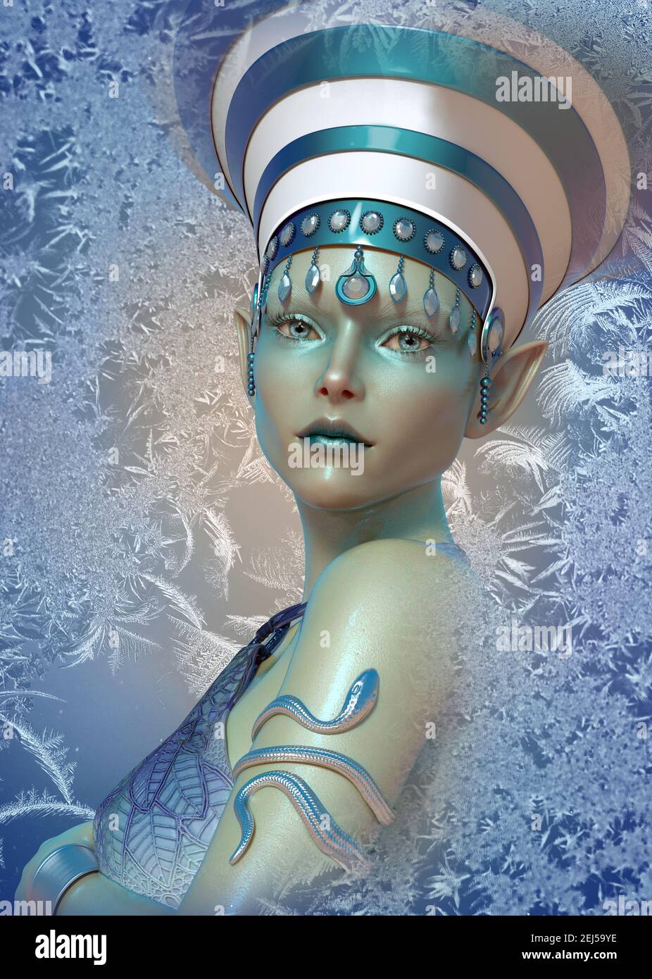 3d computer graphics of lady with headdress with a wintry background Stock Photo