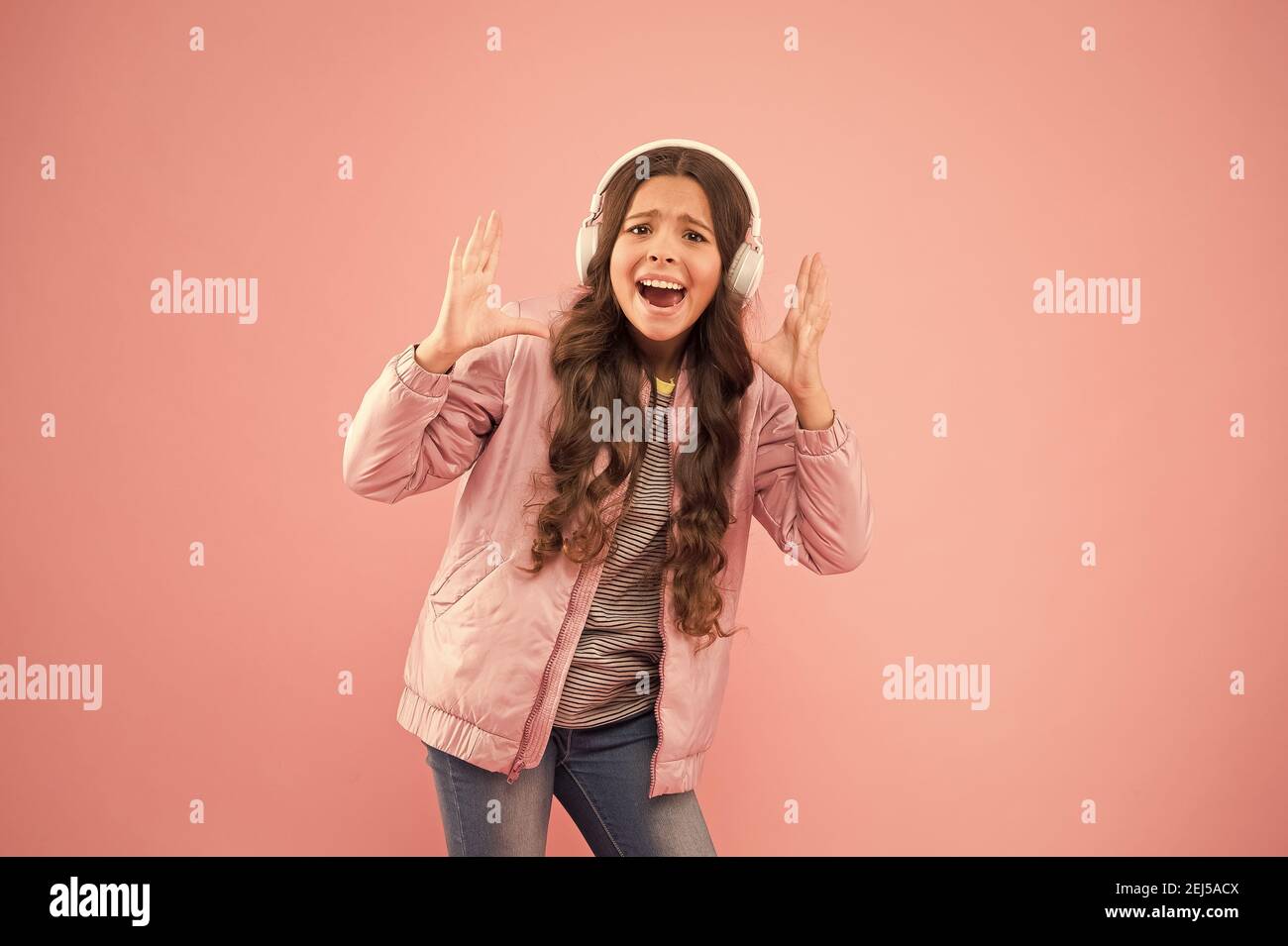 Best Fall Hits Audio Sound Fun And Entertainment Music On Happy Child Enjoy Listening To Sound Track Little Girl Wear Earphones Pink Background Sound Vibrations Music And Technology Stock Photo Alamy