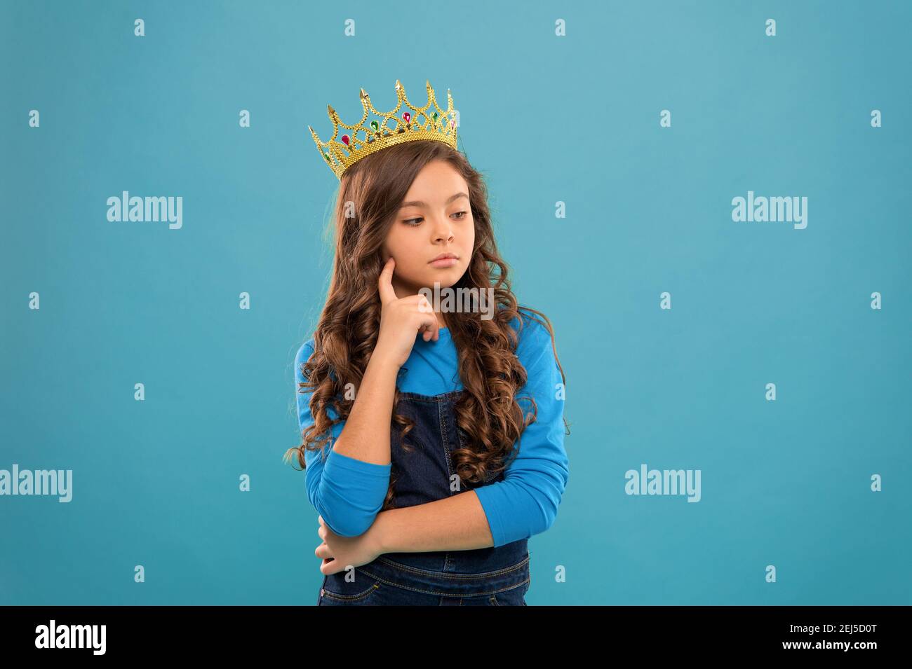 Thoughtful Baby Lady Little Princess Girl Wear Crown Princess Manners Winner Of Beauty Competition International Beauty Contest Kid Wear Golden Crown Symbol Of Princess Become Princess Stock Photo Alamy