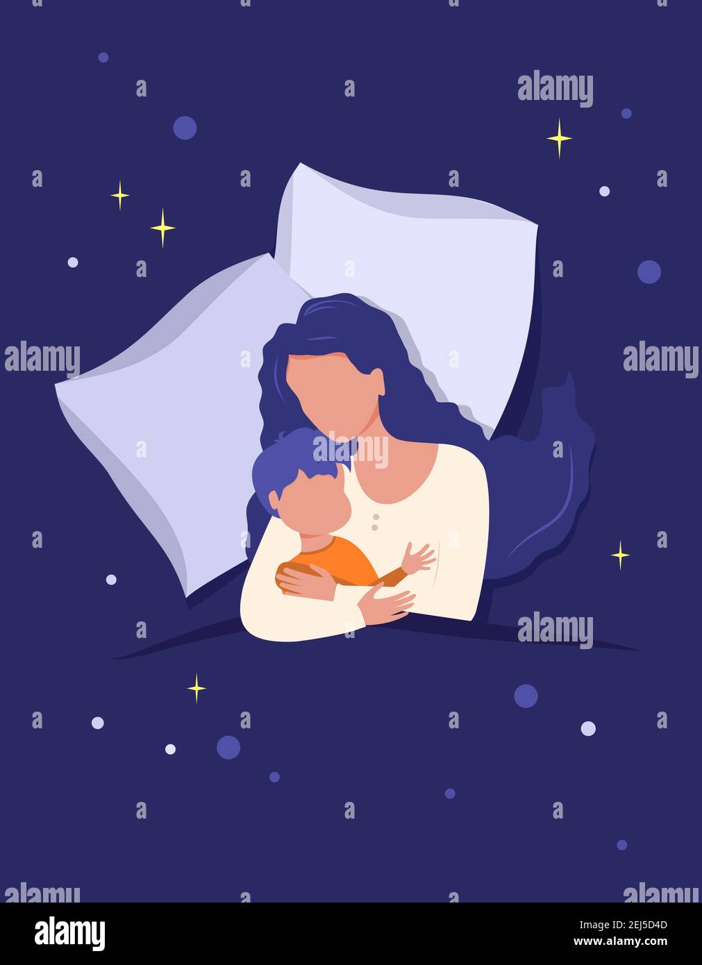 Mom hugs the child, sleeping together on a pillow covered with a blanket Stock Vector Image