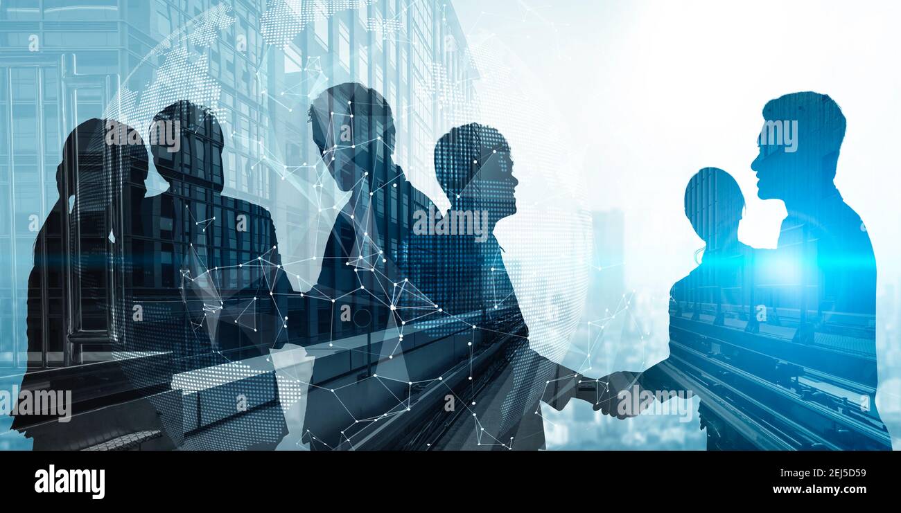 Silhouette view of business people team in group meeting on city office  building background showing partnership success of business deal. Concept  of Stock Photo - Alamy