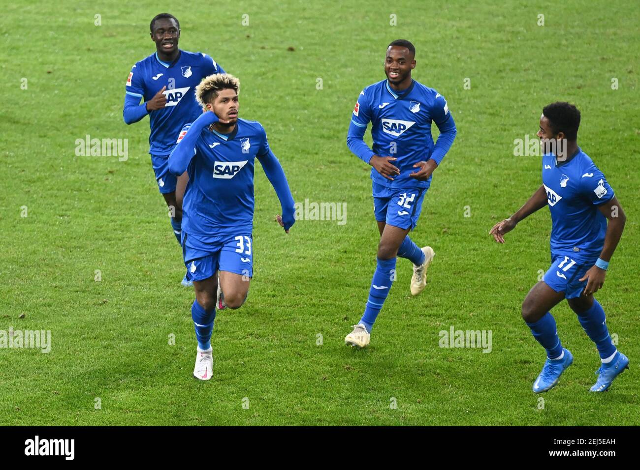 Sinsheim Deutschland 21st Feb 2021 Jubilation Over The 4 0 From Left Diadie Samassekou Hoffenheim Goalschuetze Georginio Rutter Hoffenheim Melayro Bogarde Hoffenheim Ryan Sessegnon Hoffenheim Ges Football 1 Bundesliga Tsg 1899