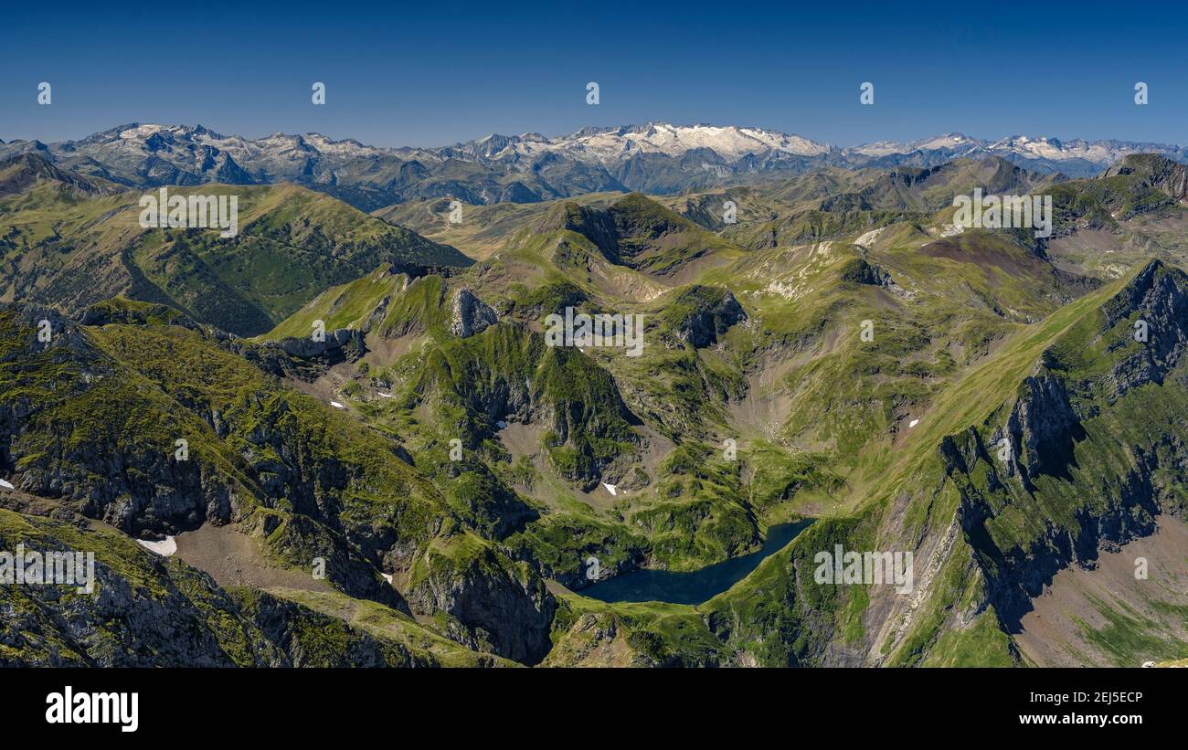 Mont Valier summit. Views towards the Aran Valley and the Maladetas and Aneto massif (Ariège, France) Stock Photo