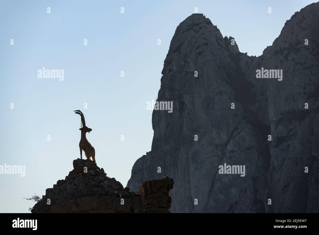 Monument a la Cabra Salvatge (Capra pyrenaica) Iberian ibex monument. (PN Els Ports, Catalonia, Spain) ESP: Monumento a la Cabra Salvaje Stock Photo