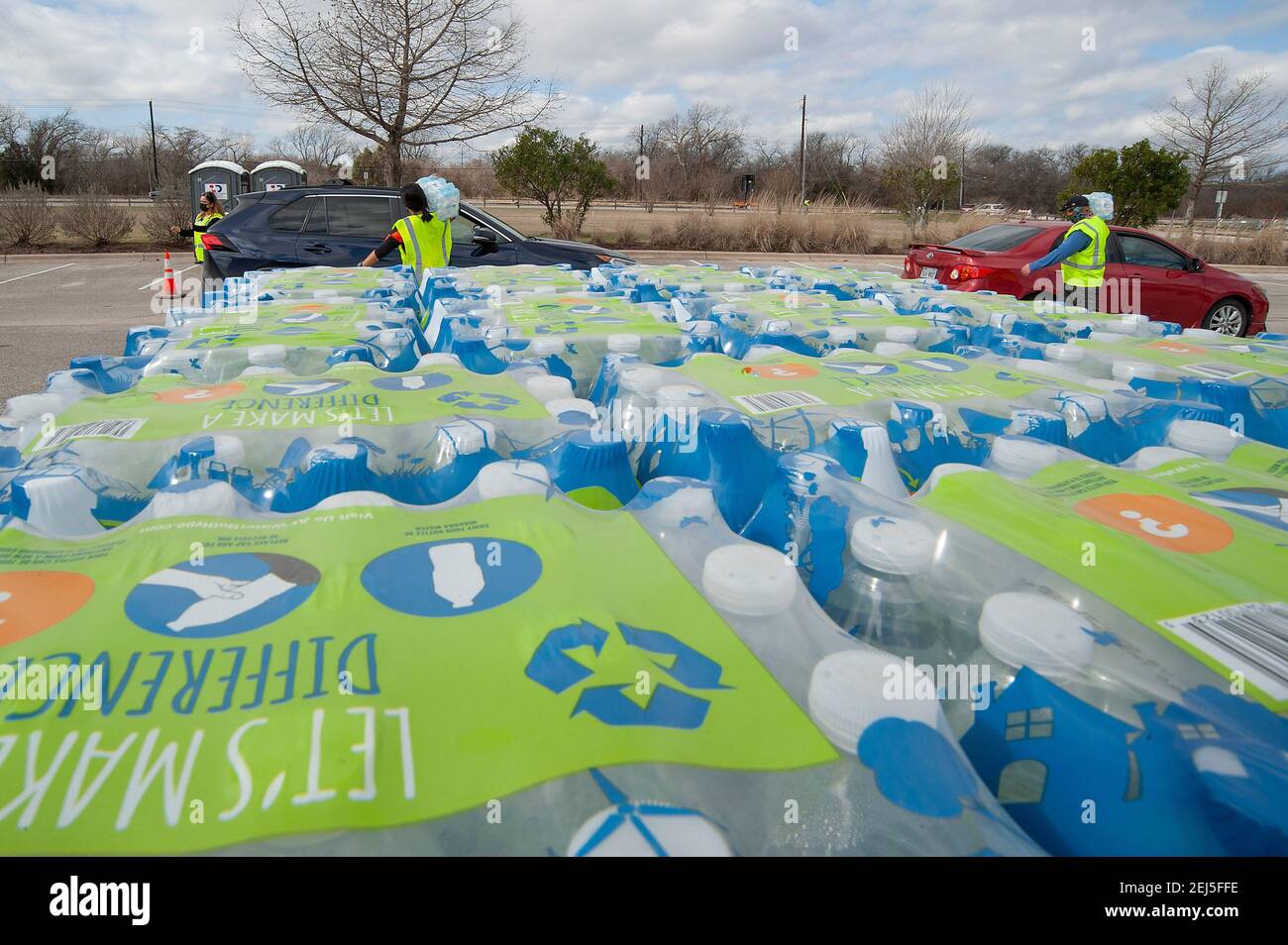 February 21, 2021 Vehicles wait in line at the Onion Creek Soccer