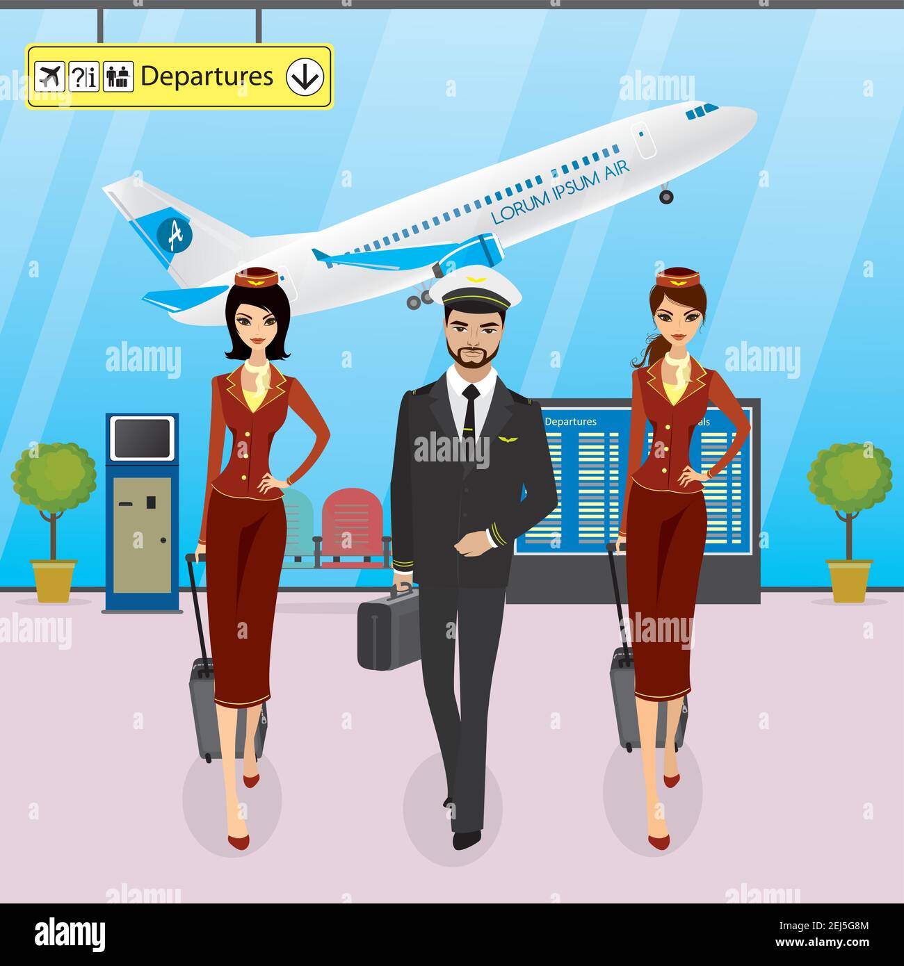 Cabin Crew Walks On An Modern Airport With Luggage pilot And Stewardess Cabin Crew Walks On An Modern Airport With Luggage pilot And Stewardess