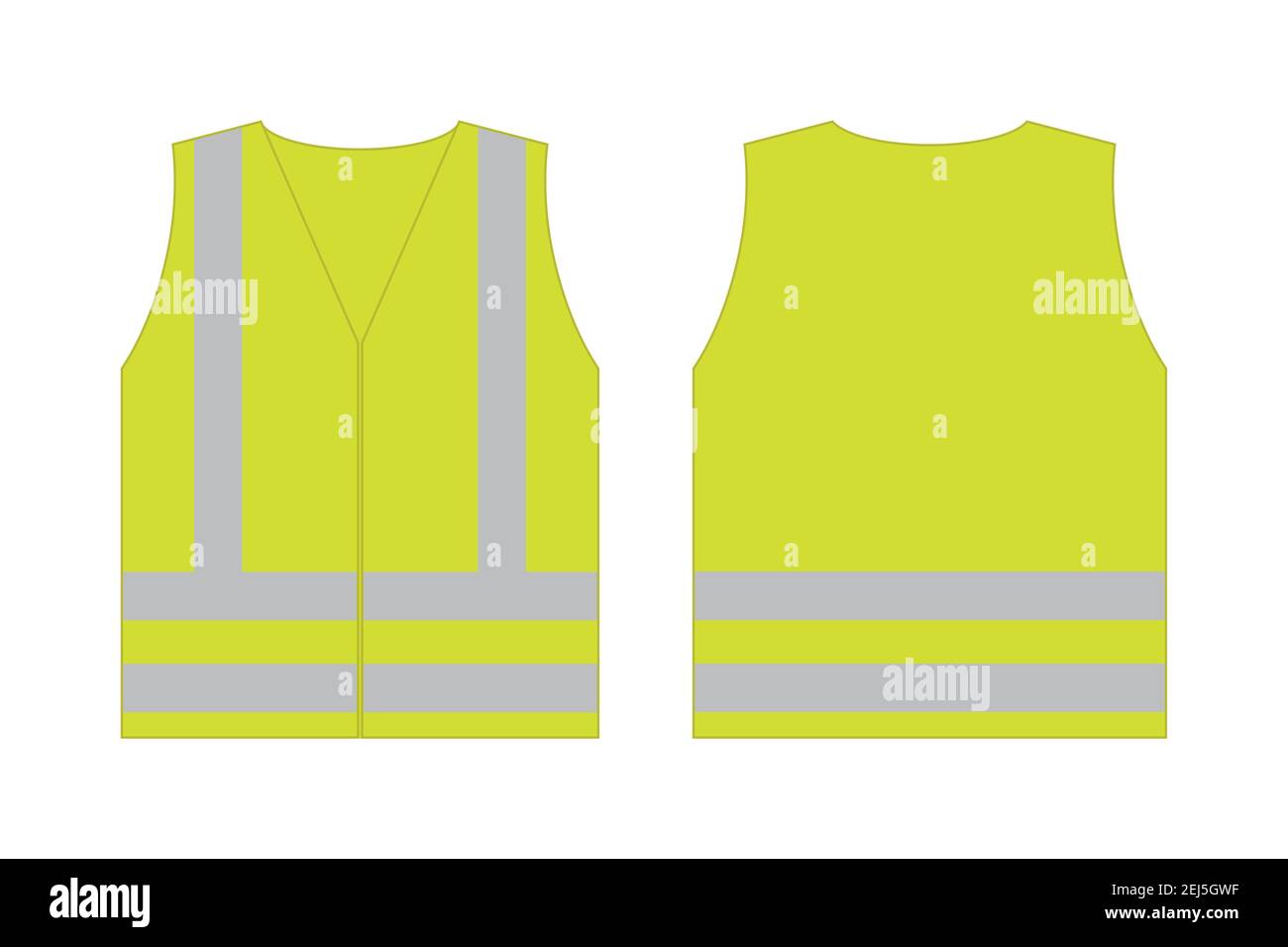 Yellow reflective safety vest for people,front and back view uniform template,isolated on white background,flat vector illustration Stock Vector