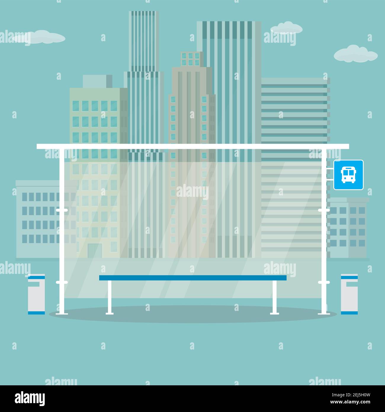 Empty Modern public transport stop,urban landscape on background,place for text,outdoor flat vector illustration. Stock Vector