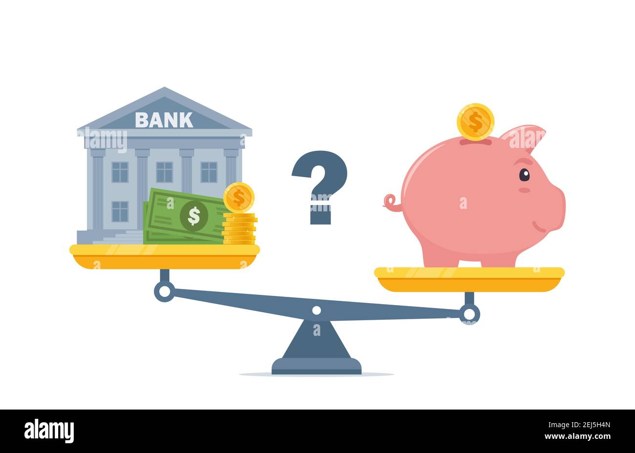 Bank and piggybank on scales, Choosing between them. Budget planning concept. Money savings investment and funding. Bank loan and economy choice. Fina Stock Vector