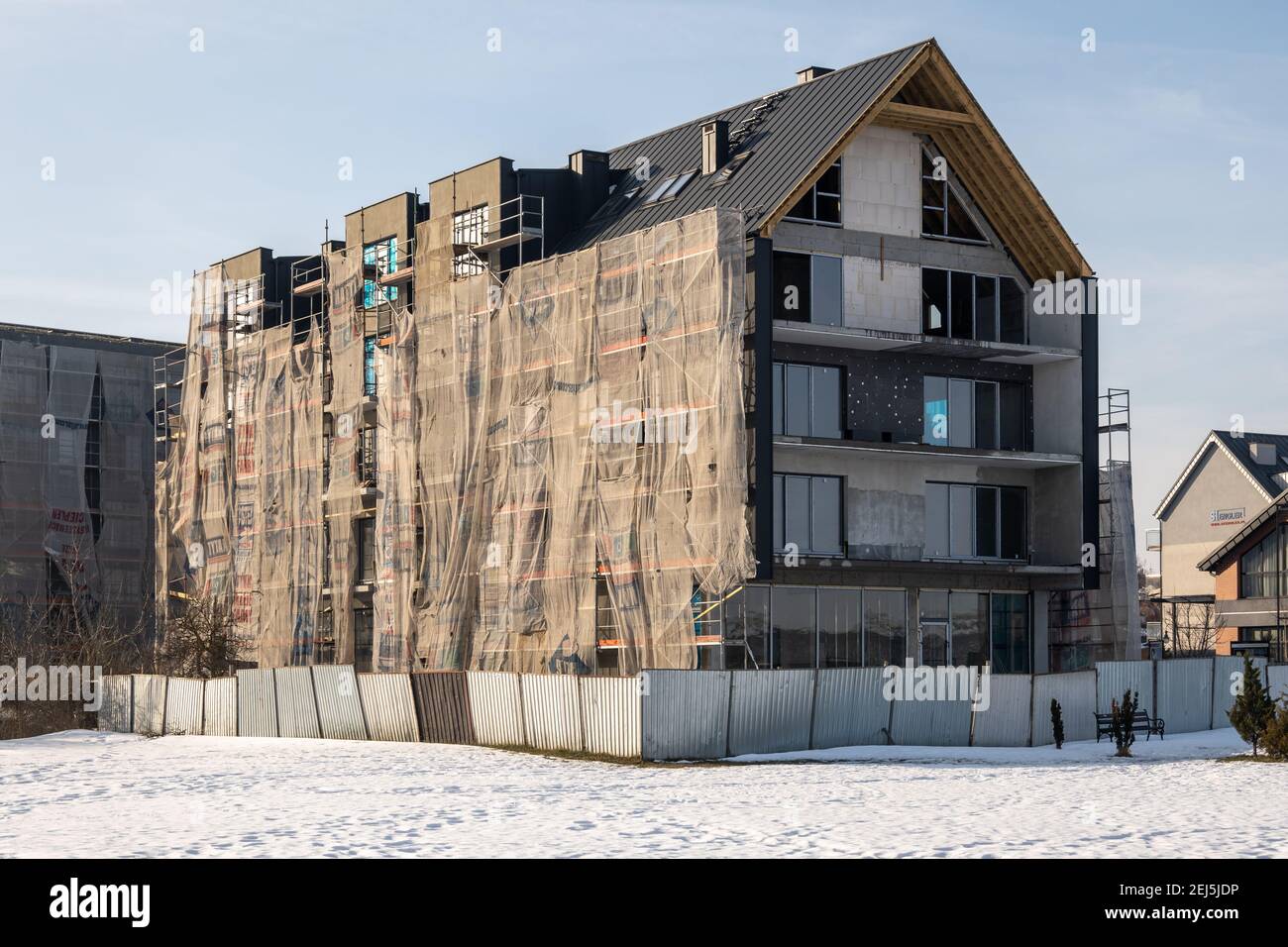 Tczew, Poland - February 21, 2021: Modern building under construction right on the Vistula River in Tczew Stock Photo