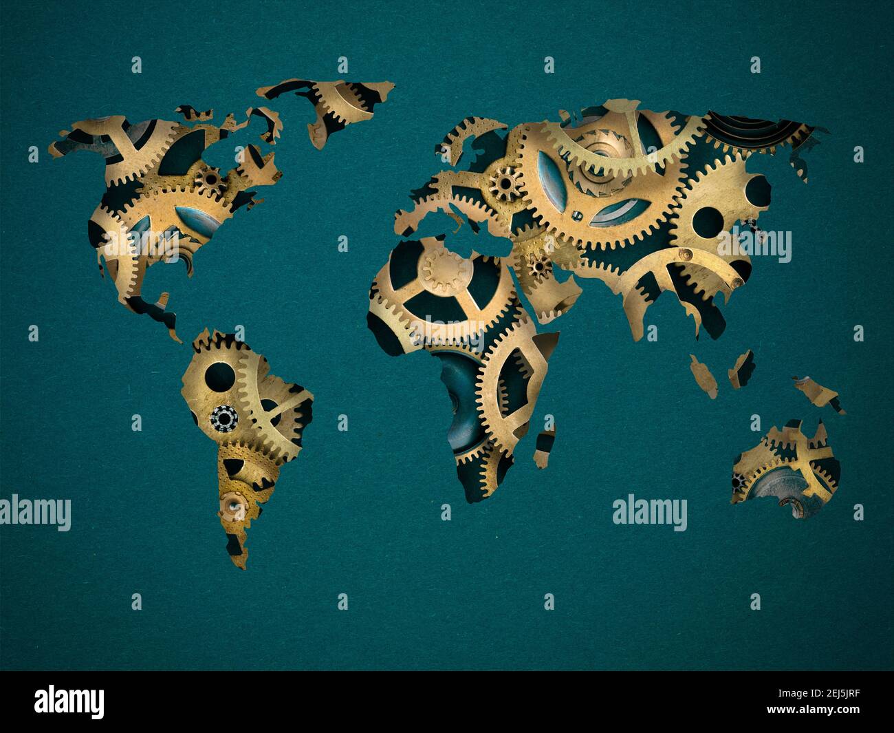 Abstract world map made from cutout  blue paper  cogs and gears on the background Stock Photo