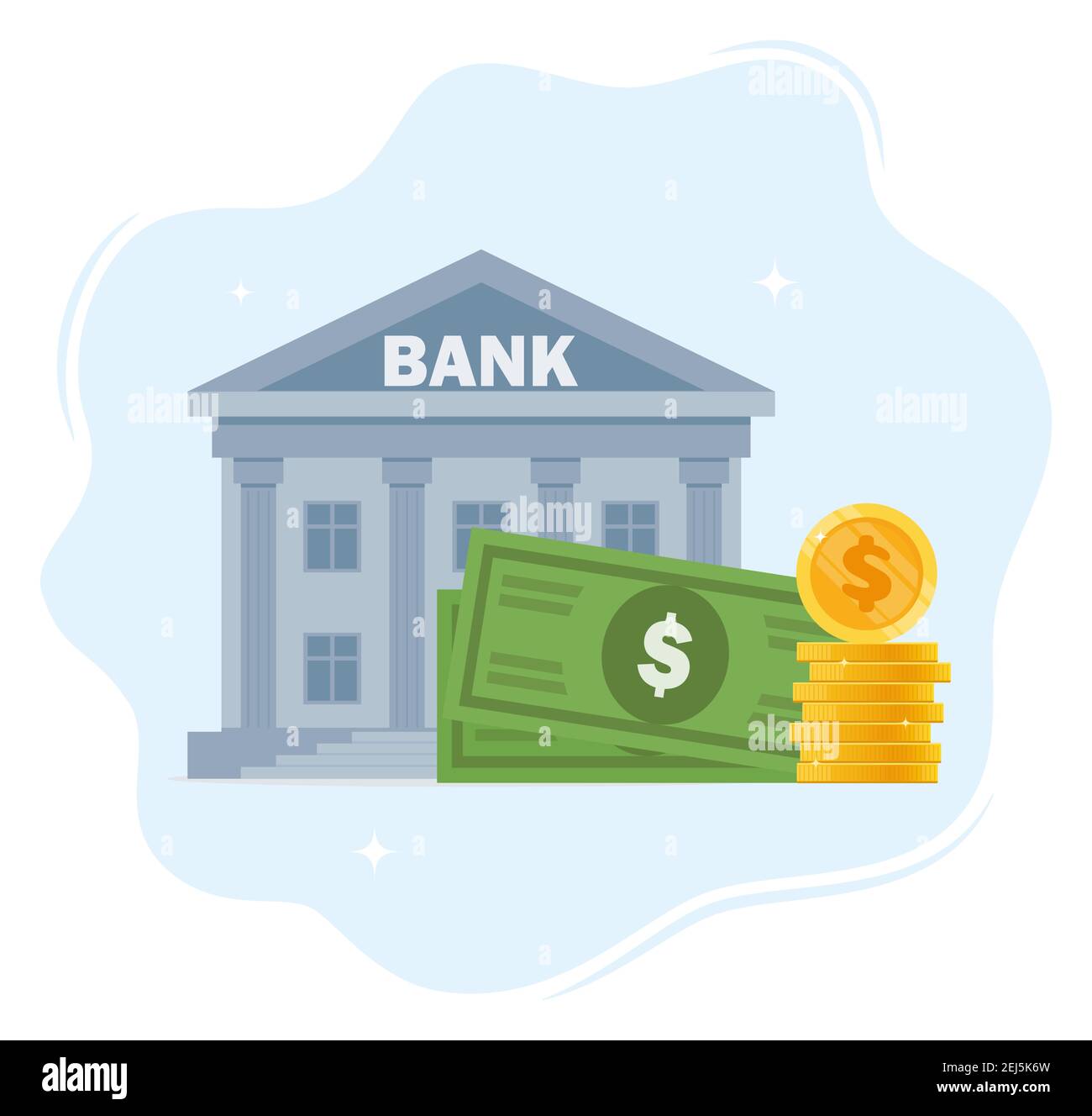 Bank building and money, bank financing, money exchange, financial services, ATM, giving out money. Vector flat illustration Stock Vector