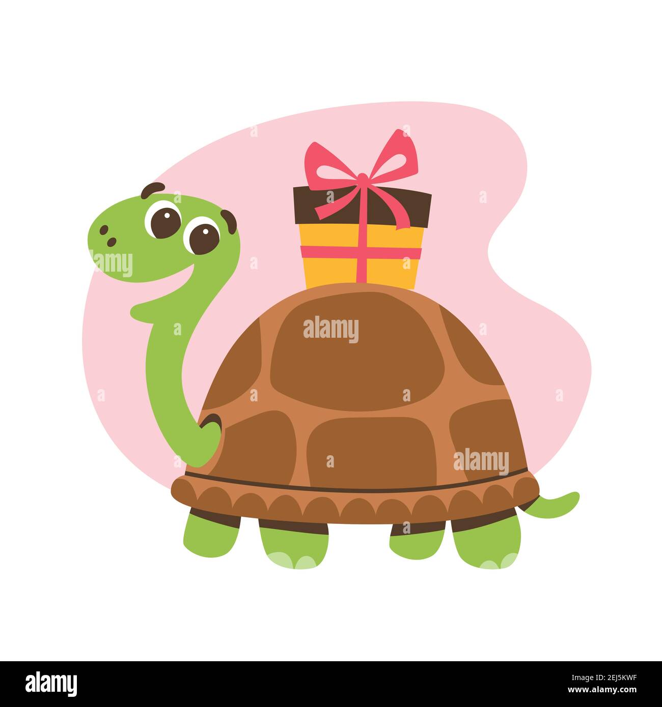 Cute smiling turtle with a gift on its shell. Love and friendship concept. Cute sticker for kids. Cartoon vector illustration. Stock Vector