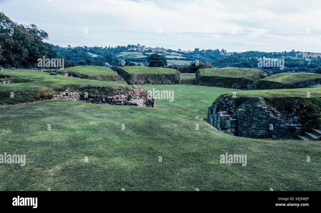 Caerleon near Newport, Wales - ruins of legionary fortress for 2nd Roman Legion Augusta. Amphitheatre. Archival scan from a slide. October 1975. Stock Photo