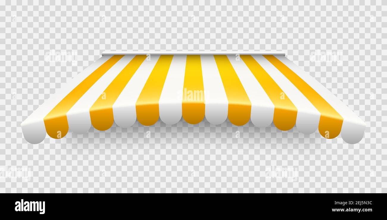 Yellow shop sunshade on transparent background. Realistic striped cafe ...
