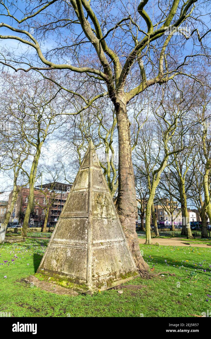 Pyramid in the graveyard around St Anne's Church, Limehouse, London, UK Stock Photo