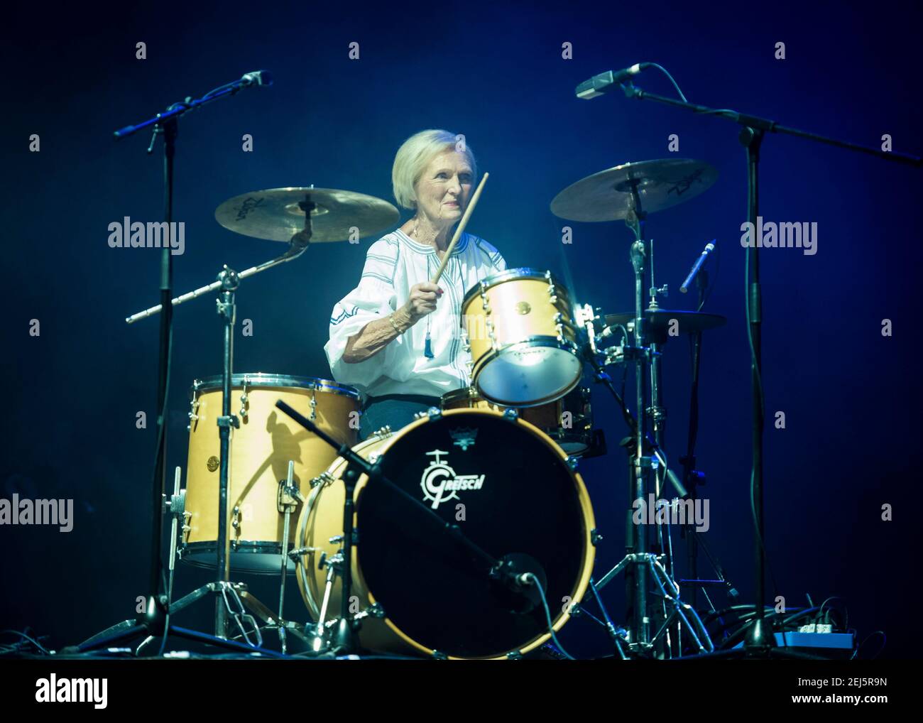 Mary Berry plays the drums on stage with Rick Astley at Camp Bestival 2018, Lulworth Castle, Wareham. Picture date: Friday 27th July 2018. Photo credit should read: David Jensent Stock Photo