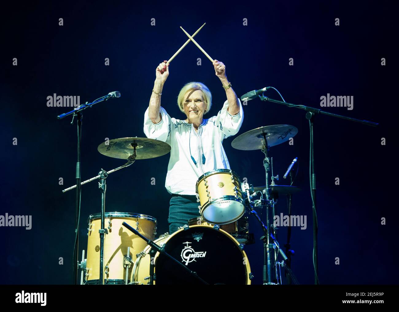 Mary Berry plays the drums on stage with Rick Astley at Camp Bestival 2018, Lulworth Castle, Wareham. Picture date: Friday 27th July 2018. Photo credit should read: David Jensent Stock Photo
