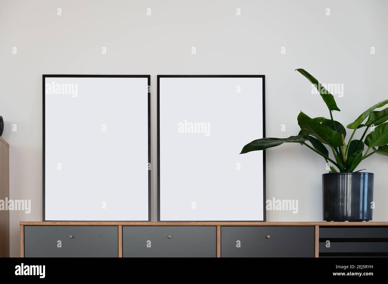 Two vertical black mockup frames on wooden design sideboard leaning against white wall next to green plant in Scandi design Stock Photo
