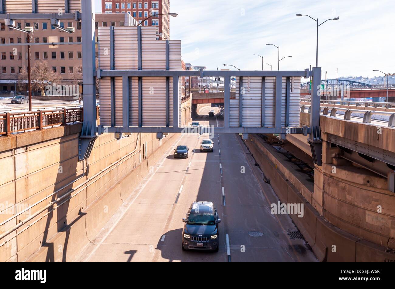 Traffic and road signs on Route 376 west in the bathtub area of
