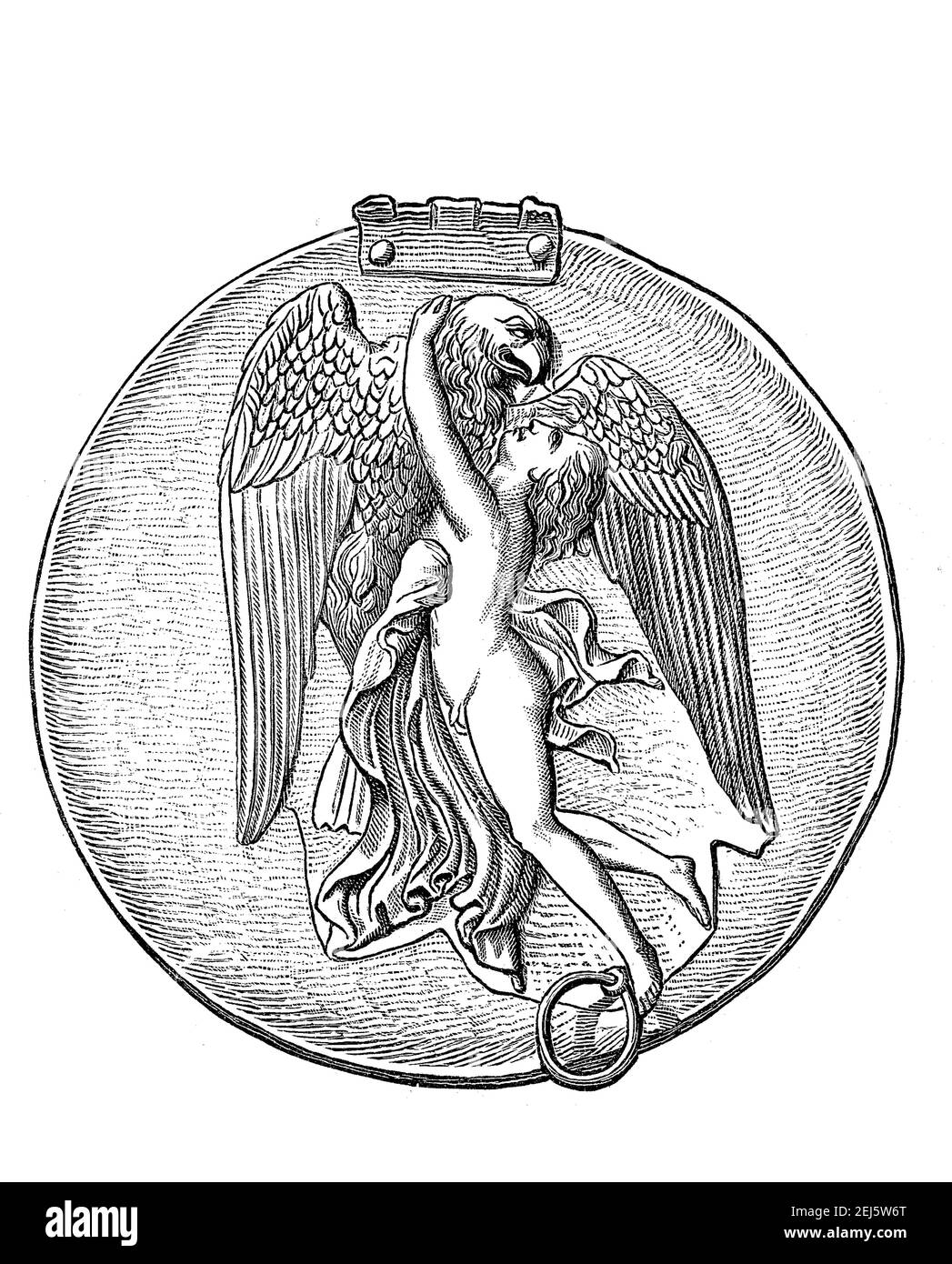 The robbery of Ganymedes by an eagle, Ganymede, also Ganymedes, Catamitus, is in Greek mythology a son of the Trojan king Tros and Callirrhoe  /  Der Raub des Ganymedes durch einen Adler, Ganymed, auch Ganymedes, Catamitus, ist in der griechischen Mythologie ein Sohn des trojanischen Koenigs Tros und der Kallirrhoe, Historisch, historical, digital improved reproduction of an original from the 19th century / digitale Reproduktion einer Originalvorlage aus dem 19. Jahrhundert, Stock Photo