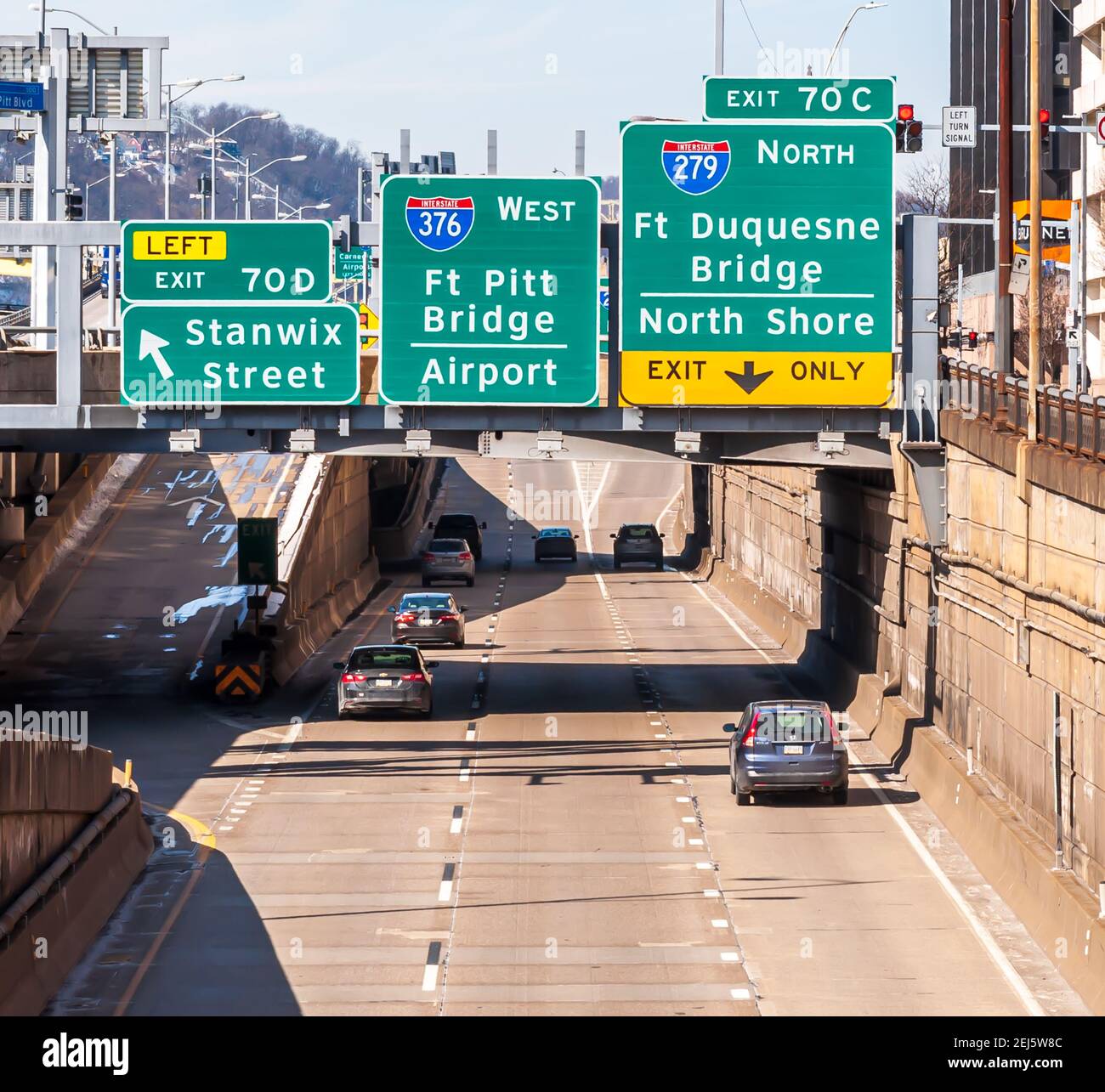 Traffic and road signs on Route 376 west in the bathtub area of