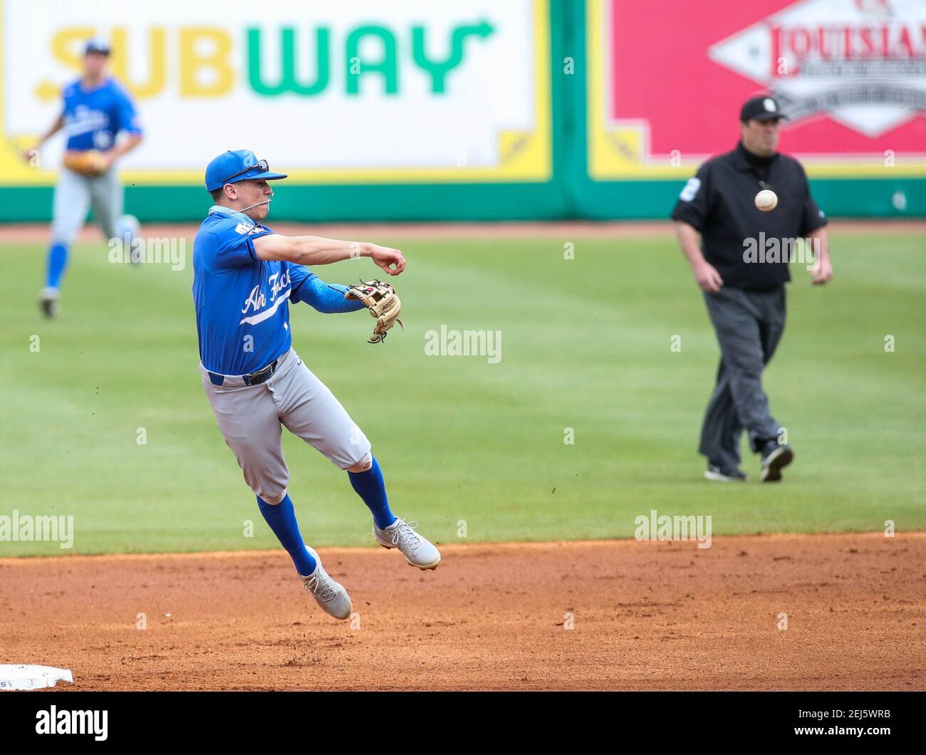 Baton Rouge, LA, USA. 21st Feb, 2021. Air Force's second baseman Christian Gambale (1) makes an off balance throw to first base during NCAA Baseball action between the Air Force Academy and the LSU Tigers at Alex Box Stadium, Skip Bertman Field in Baton Rouge, LA. Jonathan Mailhes/CSM/Alamy Live News Stock Photo