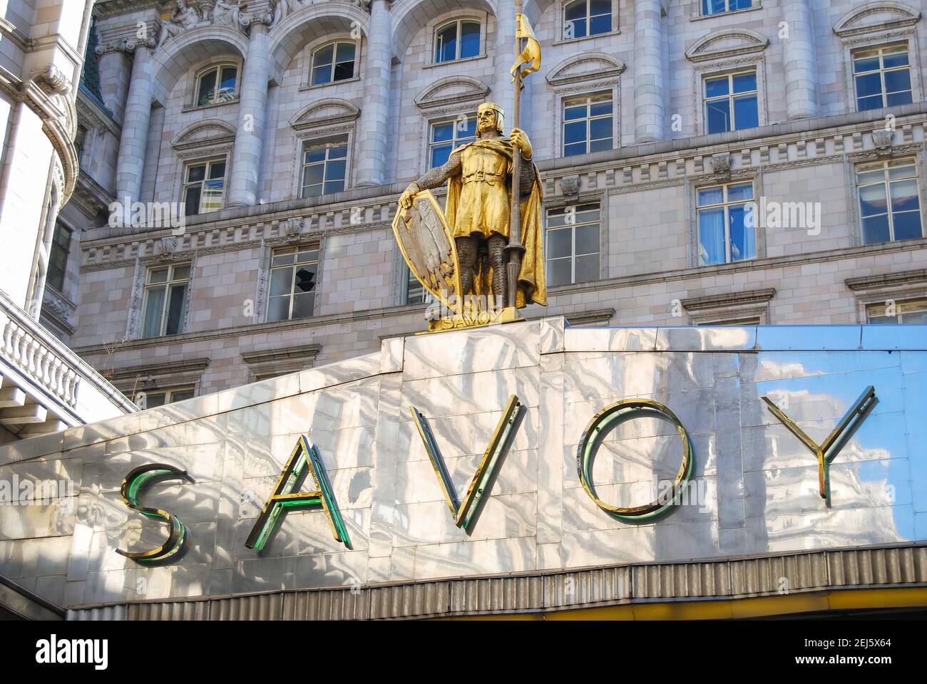 Savoy Hotel entrance sign, The Strand, City of Westminster, Greater London, England, United Kingdom Stock Photo