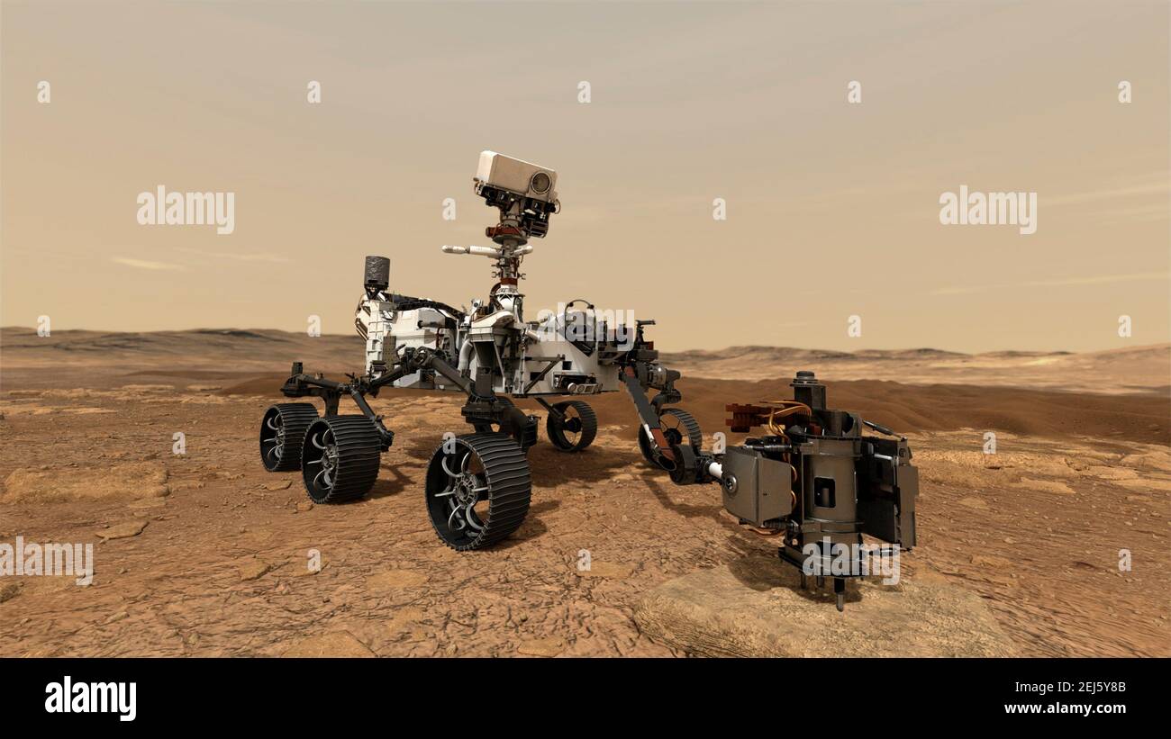 Artist illustration of the NASA Perseverance Mars rover using the onboard drill to core a rock sample on the Martian surface. The Perseverance successfully landed on February 18, 2021 to begin the astrobiology mission, including the search for signs of ancient microbial life. Stock Photo