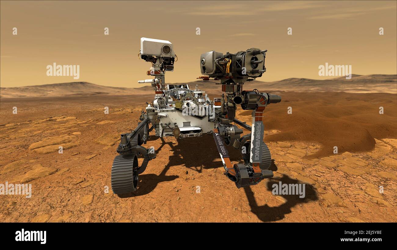 Artist illustration of the NASA Perseverance Mars rover operating on the Martian surface. The Perseverance successfully landed on February 18, 2021 to begin the astrobiology mission, including the search for signs of ancient microbial life. Stock Photo