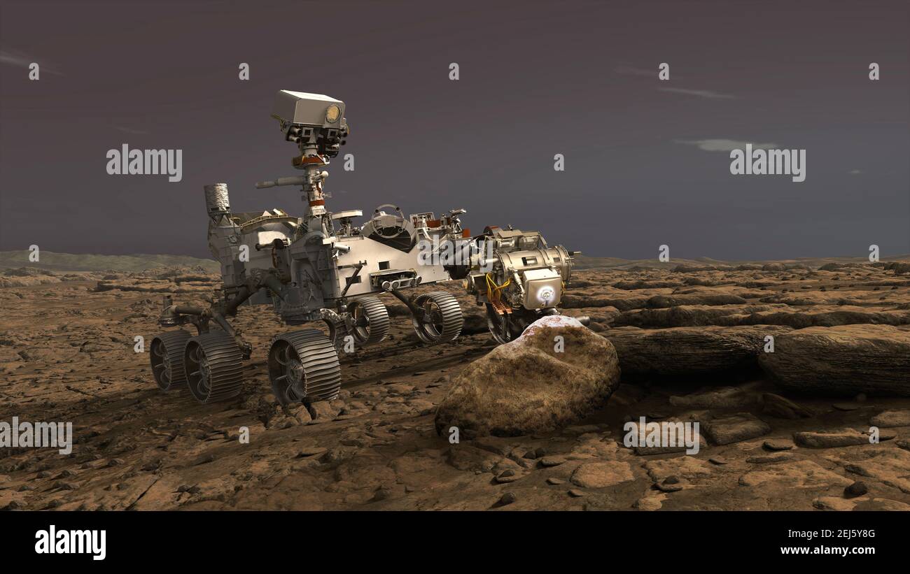 Artist illustration of the NASA Perseverance Mars rover using the Planetary Instrument for X-ray Lithochemistry on the Martian surface. The Perseverance successfully landed on February 18, 2021 to begin the astrobiology mission, including the search for signs of ancient microbial life. Stock Photo