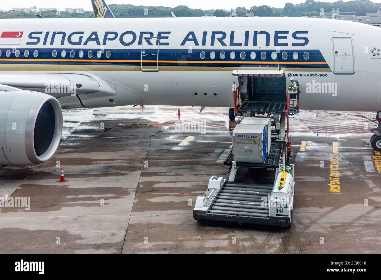 A ULD loader lifting a unit load device (ULD) from apron dollies to an aircrafts cargo bay of a Singapore Airlines machine at Changi Airport Singapore Stock Photo