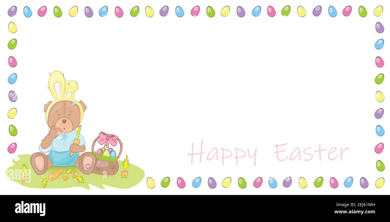 Cute Teddy bear with bunny ears sits on the grass and eats carrots. Colorful Easter Greeting card vector illustration Stock Photo