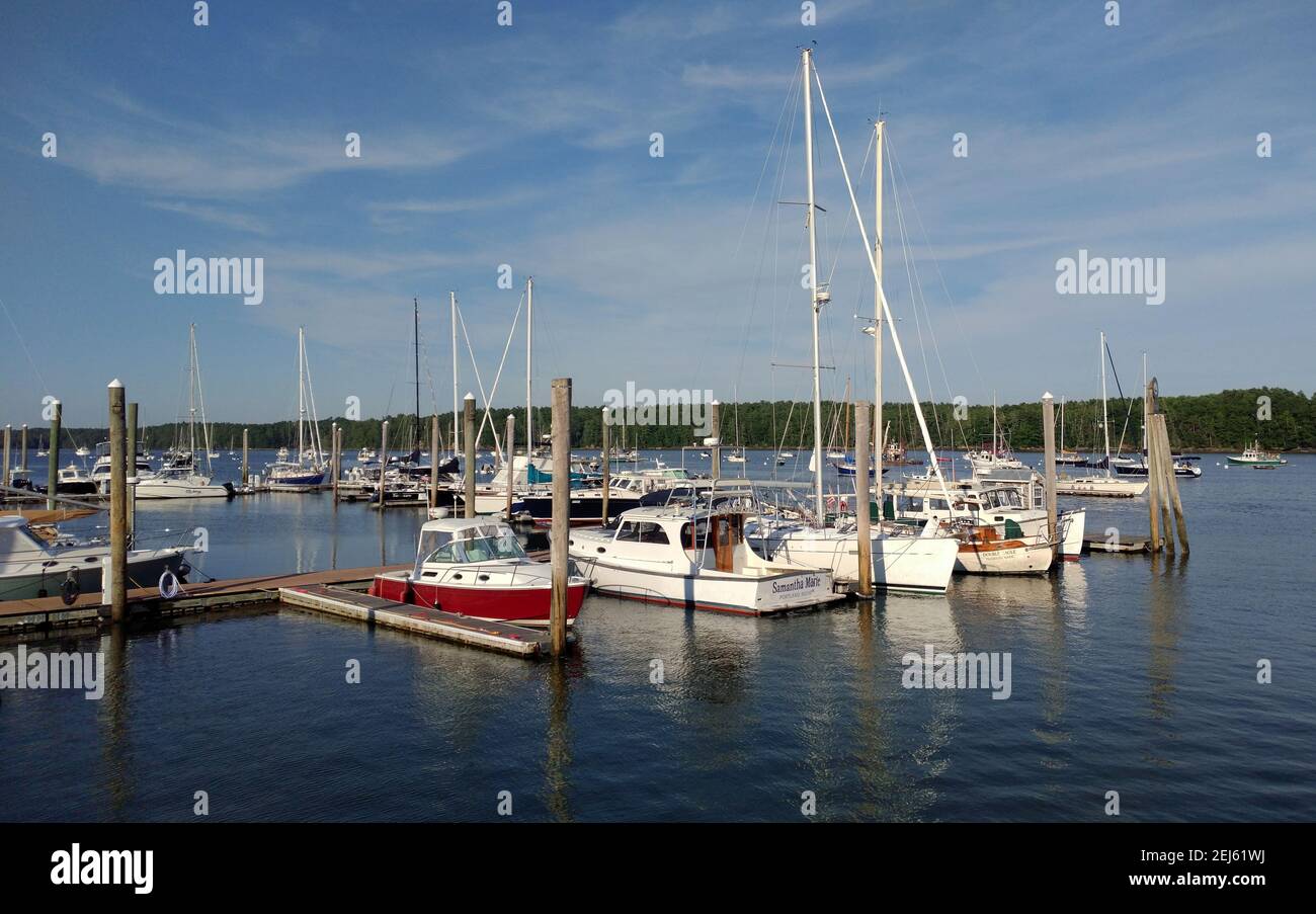 Recreational boats in the Harraseeket River at Brewers Point, Freeport, ME, USA Stock Photo