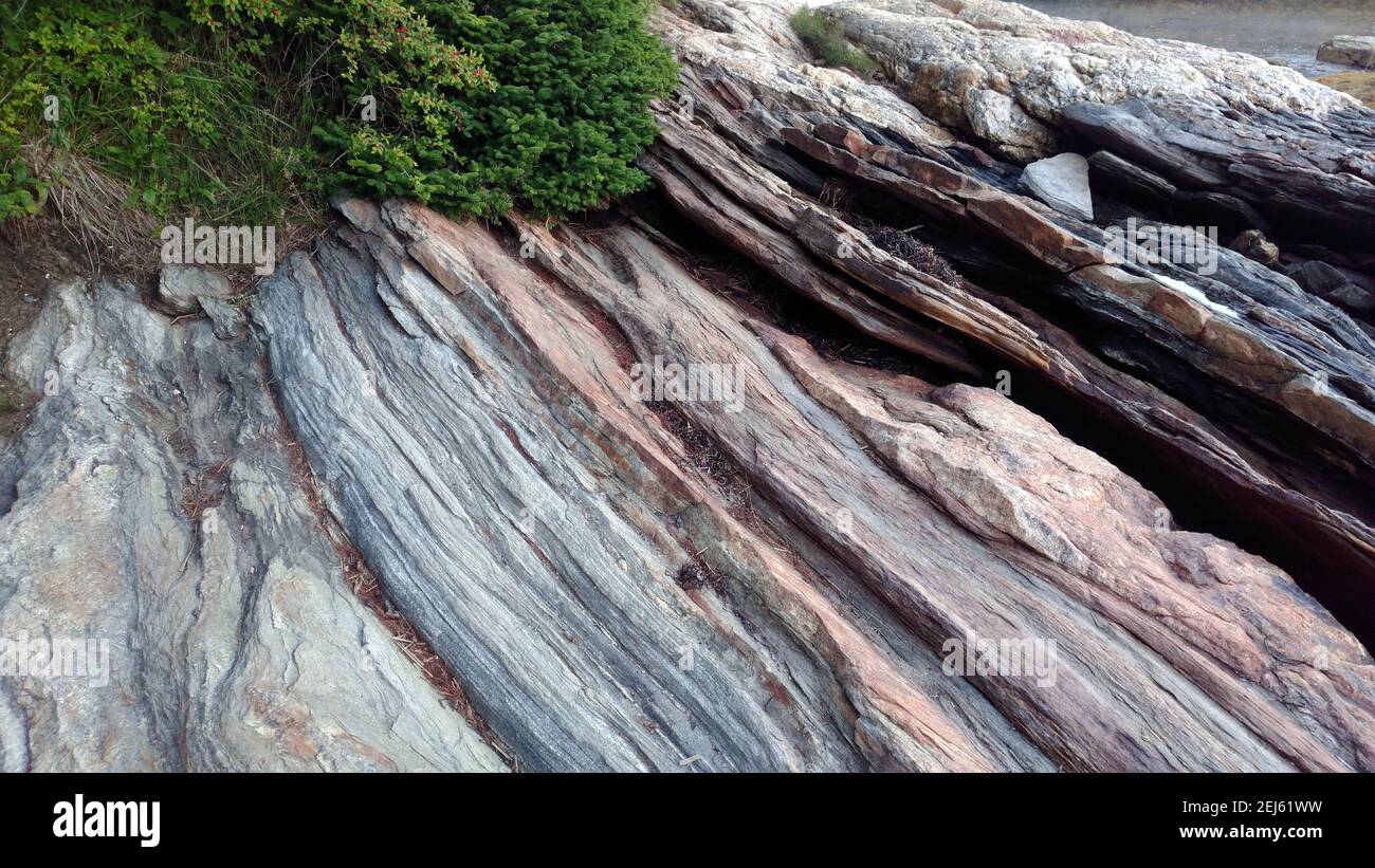 Wolfe's Neck Woods State Park, located on the peninsula in Casco Bay, coastal rock formations, view at sunset, Freeport, ME, USA Stock Photo