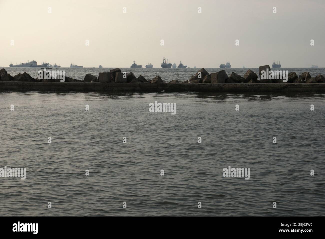Maritime traffic on Jakarta Bay are seen from the basin of Jakarta Port