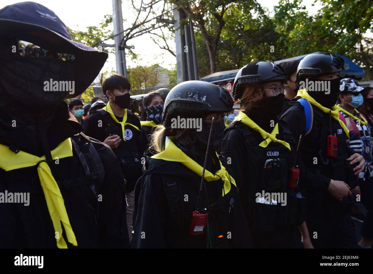 Bangkok, Thailand. 20th Feb, 2021. Volunteers take care of security. Give pro-democracy groups Protesting the government Outside the New Parliament of Bangkok on Saturday 20 February 2021. (Photo by Teera Noisakran/Pacific Press) Credit: Pacific Press Media Production Corp./Alamy Live News Stock Photo