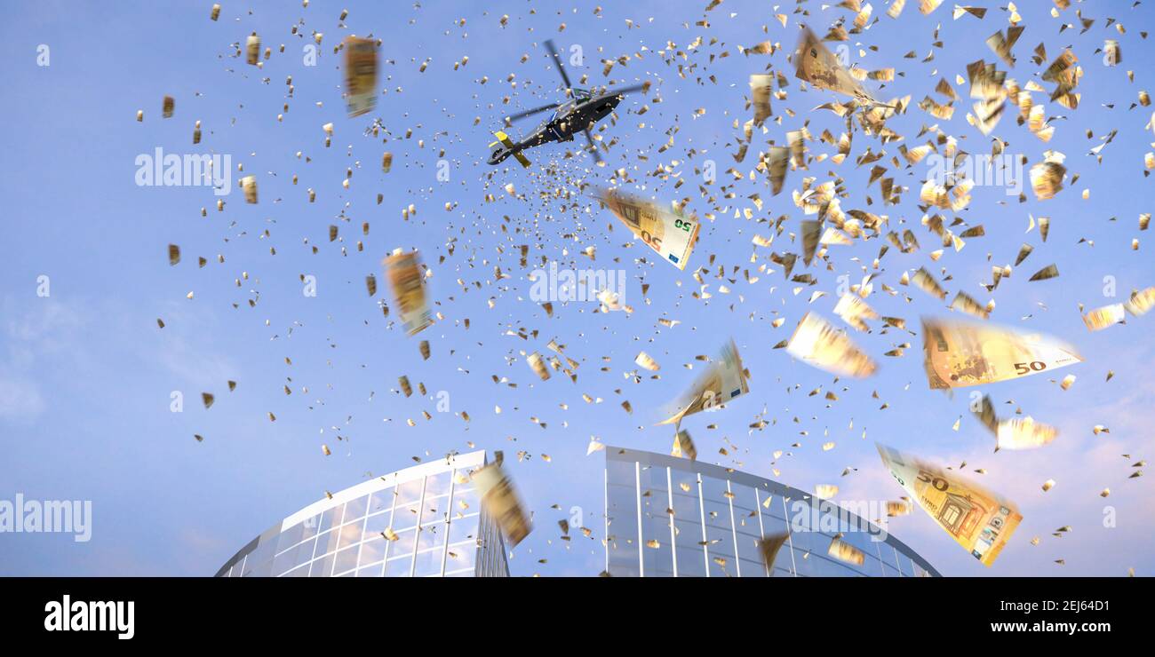 Helicopter money concept: a synonym for boosting consumer spending by giving money directly to the public. A helicopter throwing loads of single 50 Eu Stock Photo