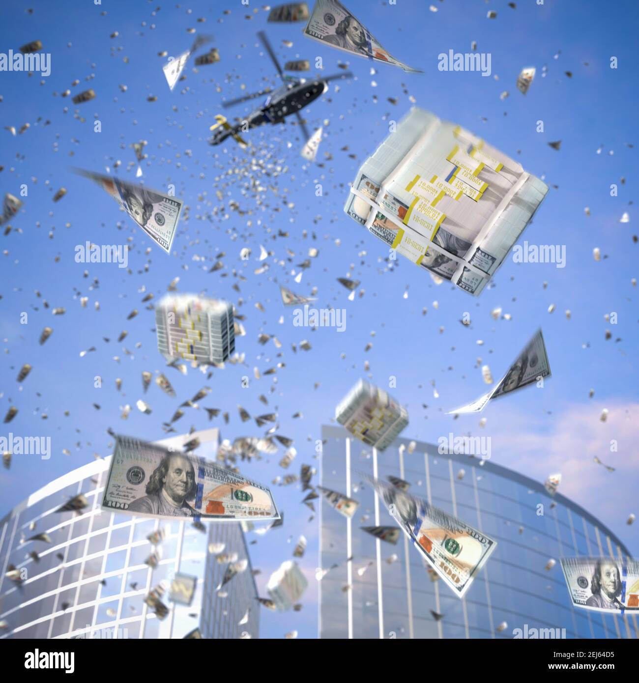 Helicopter money: A helicopter throwing stacks of dollars and singel 100 USD bank notes. Helicopter money is a synonym for boosting consumer spending Stock Photo