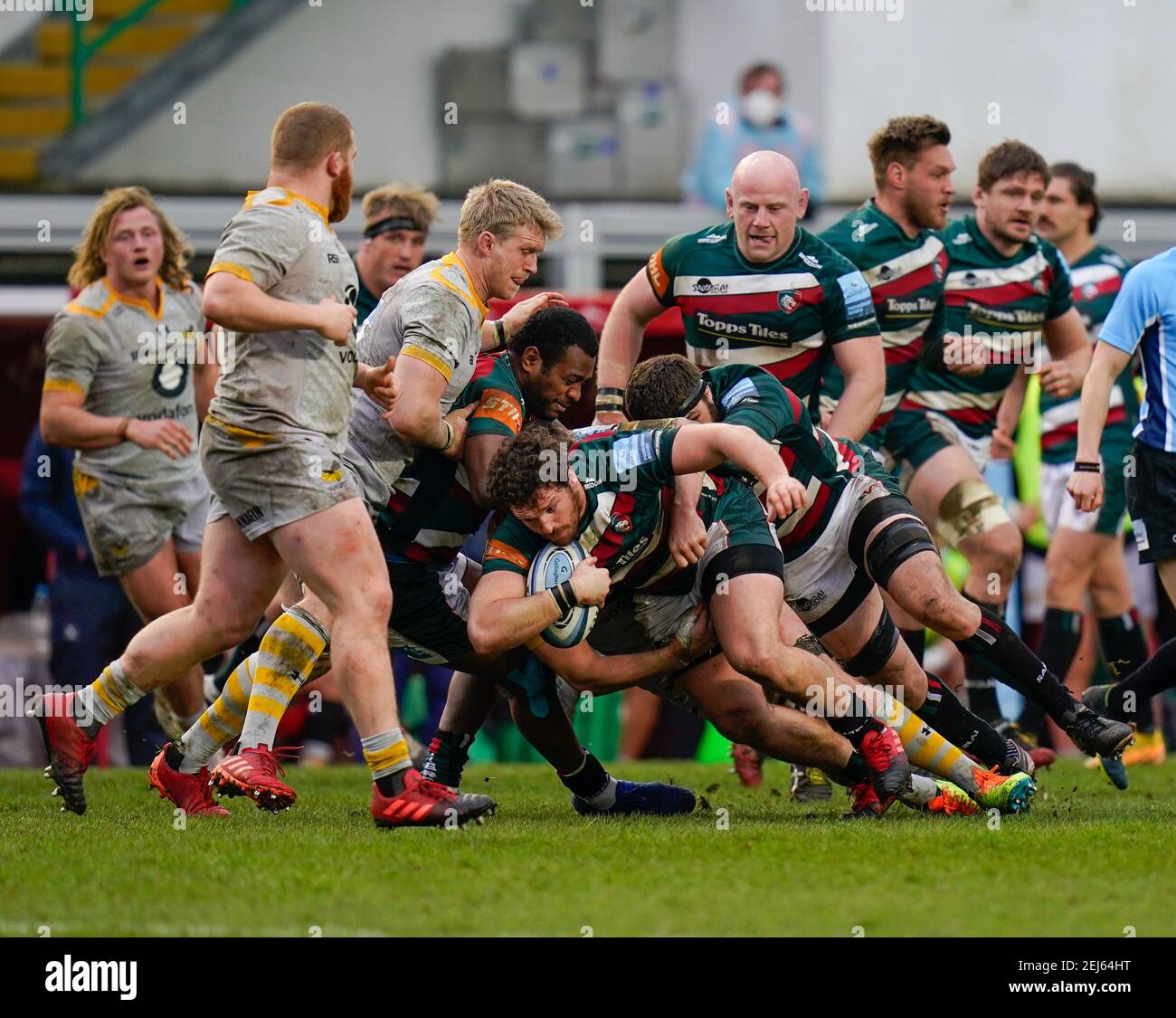 Leicester Tigers hooker Julián Montoya drives at the Wasps forwards during a Gallagher Premiership Round 10 Rugby Union match, Friday, Feb. 20, 2021, Stock Photo