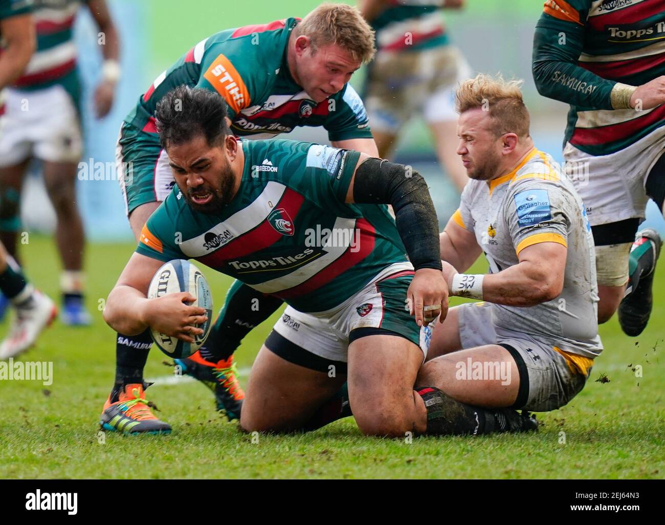 Leicester Tigers Nephi Leatigaga is tackled by Wasps Hooker Tom Cruse during a Gallagher Premiership Round 10 Rugby Union match, Friday, Feb. 20, 2021 Stock Photo